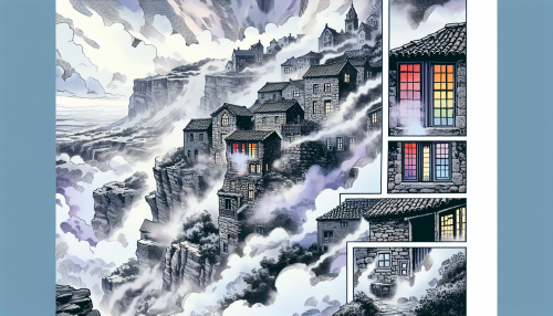 In this comic-style visualization, a foggy cliffside village takes center stage. Vivid, bold lines define stone houses perched precariously on the edge of the cliff, their facades softened and made ethereal by the drifting fog. The comic style brings vibrancy to the scene, with varied shades of grey highlighting the fog's texture against the dark outlines of the village. Pockets of colour sneak in through windows, suggesting warmth and life. Panels hint at hidden narratives, inviting the observer to unravel the mysteries of this atmospheric village.