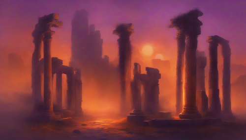 Bathed in the warm glow of a setting sun, ancient ruins rise majestically from the earth, draped in a veil of mystery and reverence. Crumbling stone pillars etched with prophetic symbols stand tall against a backdrop of deep oranges and purples, while ethereal wisps of fog swirl at their feet, hinting at secrets waiting to be uncovered.