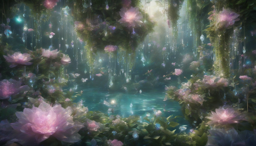 Delicate crystals suspended in air, surrounded by lush greenery, create a mesmerizing floating garden, inviting viewers to step into a serene, dreamlike world of intricate beauty and sparkling wonder.