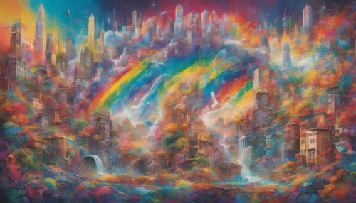 A vibrant, dreamlike scene where Rainbow Veil Falls cascades into a kaleidoscope of colors, surrounded by bold, graffiti-style brushstrokes and eclectic patterns, blending natural beauty with urban grit in a mesmerizing fusion of art and nature.