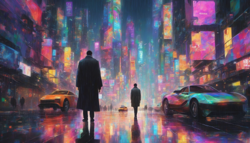 A dark, rain-soaked cityscape unfolds with sleek skyscrapers, holographic ads, and flying cars zipping by, as a lone figure in a long coat walks down a crowded street, surrounded by a kaleidoscope of colors and pulsating lights.