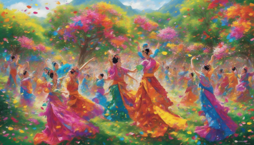 Immerse yourself in a breathtaking scene where vibrant festivals meet nature's splendor. Envision a hidden valley in full bloom, sprinkled with colorful flower petals that dance in the wind. Joyful figures clad in traditional attire celebrate, throwing powders of vivid pigments into the air, creating a kaleidoscope of colors against the greenery, as sunlight filters through the trees.