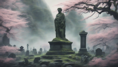 A haunting landscape of ancient titans, their colossal forms rise amidst misty mountains and delicate cherry blossoms. The ink flows like soft whispers, capturing the eerie silence of this forgotten graveyard. Shadows dance with the light, revealing intricate details of moss-covered stone. This scene invites viewers to ponder the stories and souls of giants long past.