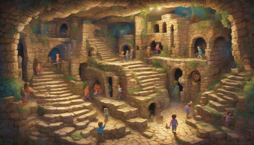 Imagine a bustling family home nestled atop a forgotten underground labyrinth, where laughter echoes amid its ancient stone walls. Children discover hidden passageways filled with intriguing artifacts, while parents navigate the challenges of everyday life above. Illuminated by warm, inviting lights, the scene blends vibrant family moments with the mysterious allure of the labyrinth below, creating a unique tapestry of life.