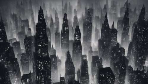 An immersive installation of darkened cityscapes, where twinkling lights and shadows dance, evoking the mystical allure of a city forever shrouded in perpetual night, inviting viewers to step into an enchanting world of mystery and wonder.