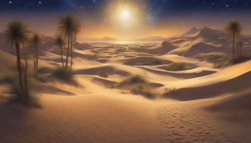 A starlit desert landscape unfolds under a vast, deep blue sky, where twinkling stars cast a mystical glow over sand dunes. Ancient symbols and tribal patterns are etched into the golden sands, merging nature and mythology. A solitary oasis, with lush palm trees and shimmering water, reflects the celestial dance above, inviting contemplation and wonder in this enchanting realm.