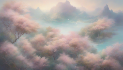 Delicate, luminous islands drift through the air, their soft, feathery foliage and pastel hues evoking a sense of weightless wonder, as gentle mist swirls around them, captivating the imagination with an otherworldly beauty.