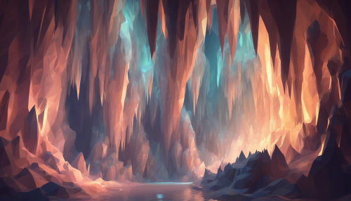 Low poly stalactites and stalagmites radiate soft luminescence, casting an ethereal glow within the mystical cave, as gentle, shimmering lights dance across the rugged terrain.