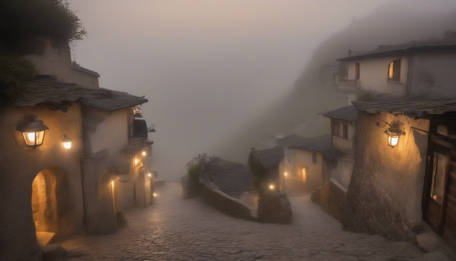 Narrow streets winding through a village perched on a fog-shrouded cliff, with old lanterns casting a warm glow on the misty alleys, evoking a sense of mystique and seclusion, as the fog swirls around the village's rugged edges.