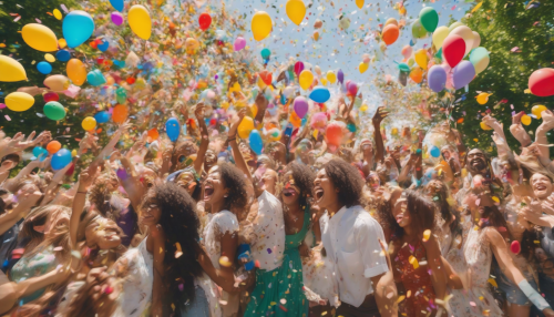 A colorful explosion of confetti and balloons fills the air as people from diverse backgrounds come together, smiling and hugged, under a sunny sky with fluffy white clouds, surrounded by lush green trees and vibrant flowers swaying gently in the breeze.