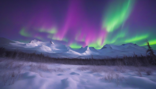 Capture a breathtaking snowfield illuminated by the vibrant hues of the aurora borealis. Document the serene beauty of this winter landscape, where cascading greens and purples dance across the starry sky. The untouched snow glistens under the celestial display, evoking a sense of tranquility and wonder in the heart of a chilling wilderness.