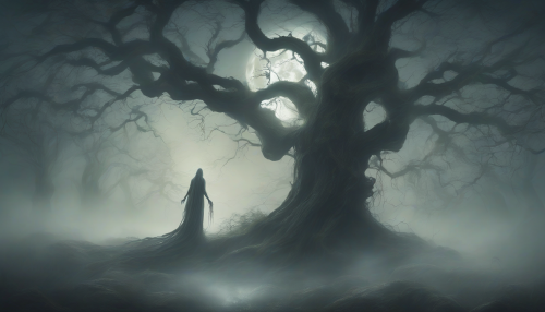 A haunting figure emerges from swirling mist under a full moon, with ghostly tendrils curling around ancient trees, as an ethereal glow illuminates the dark forest, evoking an otherworldly atmosphere of mystery and awe.