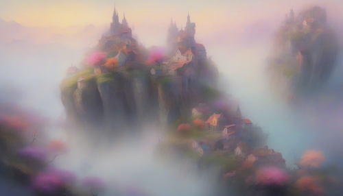 Imagine a fog-enshrouded village perched on the edge of jagged cliffs, where surreal architecture twists and bends against the eerie landscape. Ethereal figures wander through the mist, their forms merging with the swirling vapors, while oversized flora blooms in unexpected colors. The distant horizon shimmers with a dreamlike glow, inviting viewers to lose themselves in this enchanting, otherworldly realm.