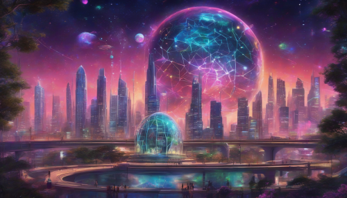 Envision a towering observatory amidst a neon-lit cityscape, where futuristic architecture meets ancient cosmic wisdom. The dome glows with vibrant holographic constellations, while cybernetic astronomers in sleek attire analyze celestial bodies through advanced tech. Skyscrapers sprout with glowing vines, and a swirling galaxy crowns the skyline, merging the wonders of space with an electric, urban pulse.