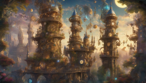 Envision a breathtaking clockwork tower, its intricate gears and cogs glimmering in the moonlight, surrounded by legendary heroes from various myths. Winged figures soar between ornate spires while vibrant, mechanical creatures dart around, bringing the enchanted scene to life. Lush foliage entwines the tower's base, blending nature with the marvels of ancient engineering, evoking a sense of wonder and adventure.