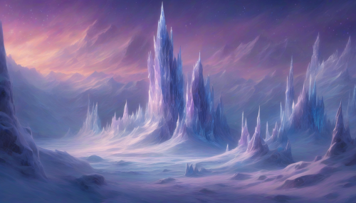 In a mesmerizing frozen tundra, towering ice spires loom majestically against a twilight sky, shimmering with ethereal hues of blue and purple. Wisps of snow swirl around, illuminated by the soft glow of distant stars. An ancient, mythical creature rests atop a glacial ridge, its crystalline wings glistening, adding a surreal touch to this enchanting landscape of frigid beauty.