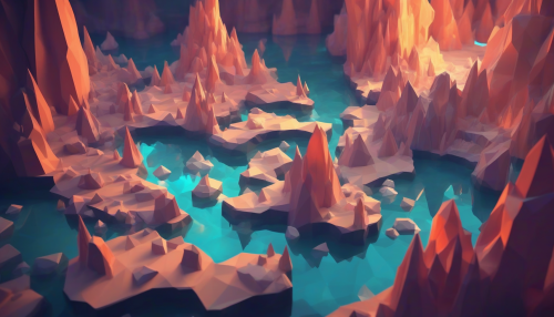 Glowing caverns illuminate a low-poly world, where geometric rocks and tranquil waters converge, casting an ethereal luminescence that dances across the landscape, inviting exploration and wonder.