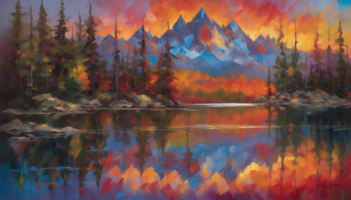 A captivating scene unfolds at Hidden Mountain Lake, where vibrant strokes of color dance across the canvas. The jagged peaks loom majestically in the background, their reflections shimmering in the water. Thick, expressive brushwork captures the emotional essence of nature, evoking feelings of both serenity and awe, while the sky ignites with a fiery sunset, illuminating the tranquil surroundings.