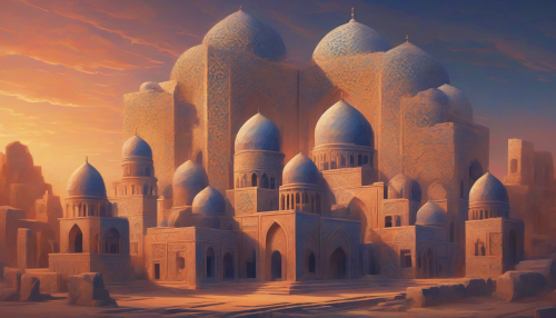 An entrancing artwork that enmeshes the intricacies of Islamic Geometric Art with the fading grandeur of ancient ruins beneath a smoldering sunset. The vivid geometric patterns dance across the textured stone ruins, creating a play of light and shadow that heightens the mystic allure. Warm hues reflecting from the setting sun blend with cool twilight blues, forming a contrast that resonates with the dichotomy of enduring geometric art and the ephemeral beauty of ruins. The amalgamation of these elements creates an immersive blend of history, culture, and tradition.