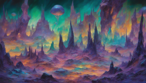 A vibrant, otherworldly landscape unfolds, featuring alien mines that shimmer with iridescent colors inspired by post-impressionist techniques. Jagged structures rise from a surreal terrain, illuminated by ethereal light spills in a blend of rich purples, deep blues, and luminous greens. The scene pulsates with a dreamlike quality, inviting viewers to explore the depths of imagination and cosmic beauty.