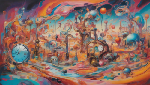 A vibrant, whimsical landscape with melting clocks, distorted objects, and abstract shapes, set against a swirling backdrop of iridescent colors, evoking a sense of wonder and challenging the viewer's perception of reality.