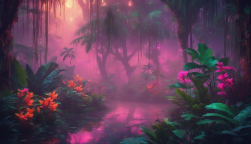 A vibrant, retro-styled scene of a dense tropical rainforest at dusk, with neon lights reflecting off dewy leaves and exotic flowers, amidst ancient trees and misty fog, evoking a sense of adventure and mystery.