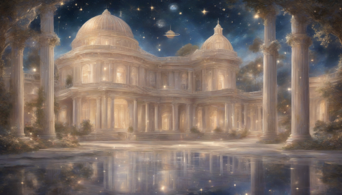 Soft, shimmering starfields dance across a classicist landscape, evoking a sense of timeless elegance and wonder, as ancient architectural elements blend with twinkling celestial vistas, creating a dreamlike atmosphere of refined beauty and cosmic magic.