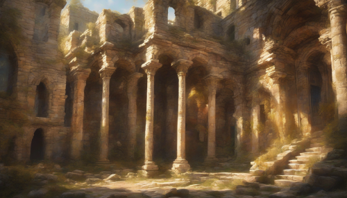 Warm sunlight casts a mystical glow on ancient ruins, as medieval artistic flair brings intricate details to life, with weathered stone and vibrant tapestries blending in a dance of color and decay.