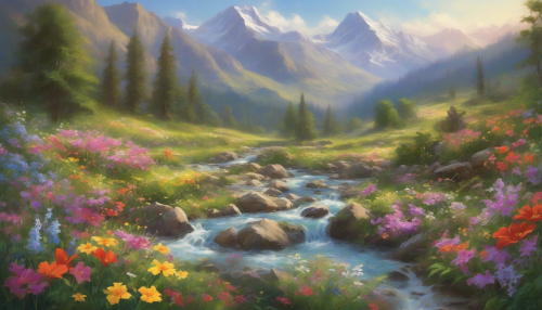 In a serene and secluded valley, vibrant wildflowers bloom in a riot of colors, surrounded by lush greenery and towering mountains. Delicate butterflies flit among the blossoms, while a gentle stream weaves through the landscape. The air is filled with the sweet scent of nature, inviting a sense of peace and tranquility in this hidden paradise.