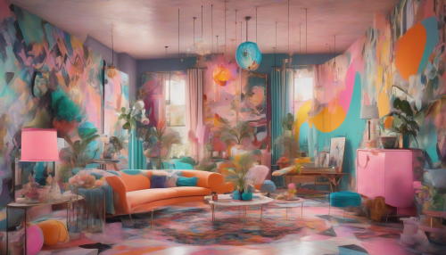 A swirling mix of colorful patterns, bold shapes, and eclectic textures, blending vintage and modern elements in a dynamic, dreamlike atmosphere, with splashes of neon and soft pastels, inviting the viewer to step into a world of artistic frenzy.