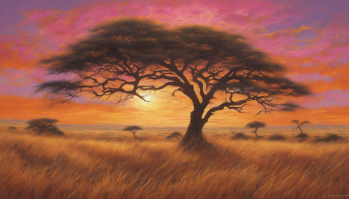 Picture a vast golden savannah under a brilliant sunset sky, where the tall grasses sway gently in the breeze. Intricate symbols of nature, like spirals and animal tracks, weave through the landscape, representing harmony and connection. A lone acacia tree stands majestically, its silhouette framed by hues of orange and pink, capturing the essence of life's intricate balance in this serene African paradise.