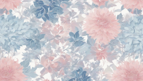 A stunning floral pattern emerges with soft, ombre gradients, blending pastel hues of pink and blue, set against a crisp white background, evoking a sense of serenity and natural beauty, perfect for wallpaper or textile designs.