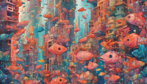 Vibrant coral formations intersect with cubist architecture, as skyscrapers and buildings dissolve into geometric shapes, reflecting the beauty of an underwater city, with schools of fish darting through the streets, amidst a kaleidoscope of colors.