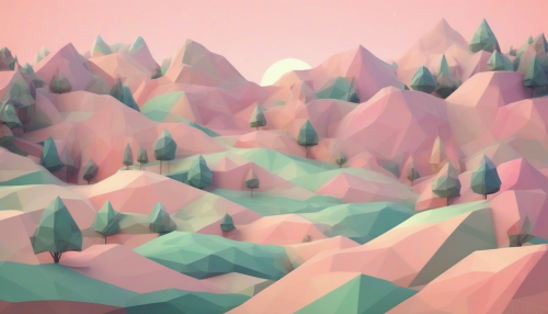 A serene low-poly landscape unfolds with gentle hills, simplistic trees, and a vast, pastel-colored sky, inviting the viewer to step into a mesmerizing digital realm of geometric beauty and tranquility, where nature meets minimalism.