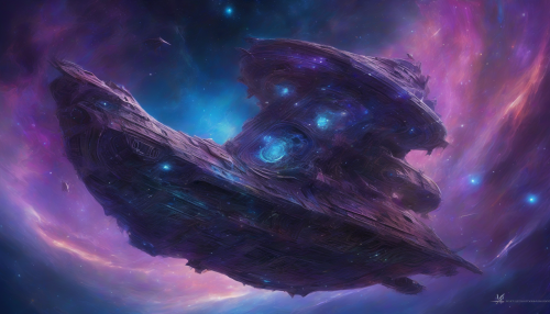 A massive, abandoned starship drifts silently through the cosmos, its hull scarred and worn by the passage of time. Ethereal lights flicker across the wreckage, revealing ancient writings that speak of prophecies and revelations. Nebulae swirl in vibrant blues and purples in the background, creating an atmosphere of mystery and wonder, as if the ship itself holds the secrets of the universe.