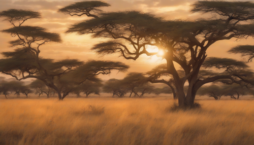 Warm golden light dances across the savannah, where timeless moments blend with fading memories, as the sun sets behind acacia trees, casting a serene ambiance over the grasslands, filled with whispers of the past.