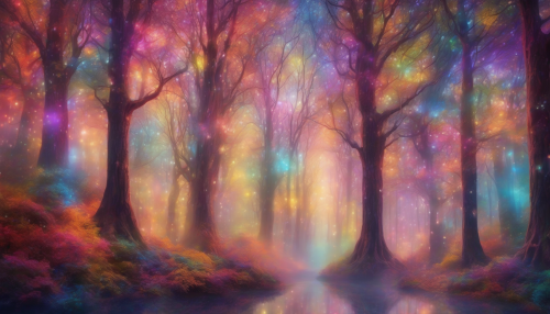 Towering trees with vibrant, ethereal glow, surrounded by a kaleidoscope of colors, shimmering lights, and subtle mist, evoking an immersive, enchanting atmosphere of wonder and magic.