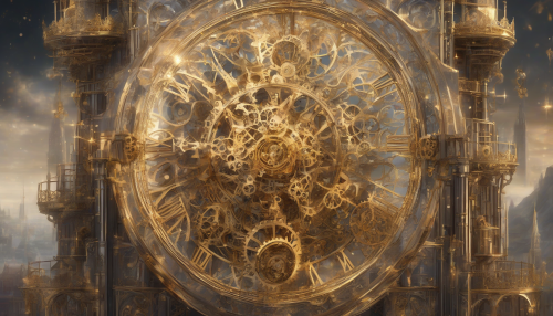 An intricately crafted clockwork tower rises, its classic façade adorned with golden gears, shimmering gemstones, and delicate filigree, as soft, ethereal music echoes through the air, inviting all to enter its mystical realm.