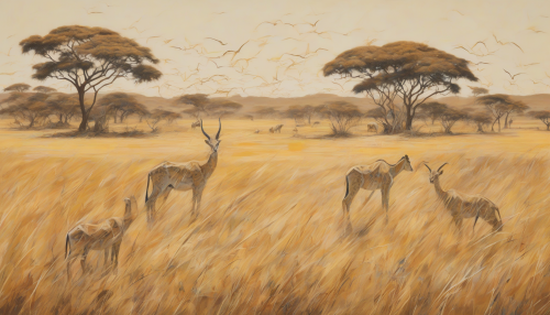 Within this piece, the postmodernism style converges with the raw beauty of the golden savannah. Elements of disorder and fragmentation are juxtaposed against the vast, smooth expanse of warm, sun-touched grasslands. The artwork challenges the linear, grounded perception of the savannah, refracting its simplicity into a complex collage of wildlife, heat haze and endless skies. This reconciliation of contrast presents a layered, deconstructed reality that offers endless new perspectives of the traditional savannah landscape.