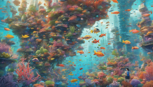 An exhilarating scene where vibrant coral reefs intertwine with bustling city life. Imagine a cityscape where skyscrapers rise amidst colorful coral formations, and neon lights reflect off the water. People stroll through marine-inspired parks filled with aquatic flora, while underwater pathways connect neighborhoods. Fish swim through the streets, creating a surreal blend of nature and urbanity, celebrating harmony in diversity.