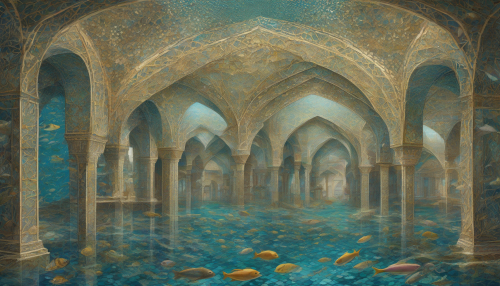 An intricate Islamic geometric pattern unfolds beneath the waves, as an ancient palace rises from the seafloor, its tiles and arches shimmering with iridescent scales, surrounded by undulating seaweed and glittering schools of fish.