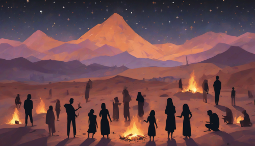 In a vast, starlit desert, silhouettes of people gather around a flickering campfire, their faces illuminated by the warm glow. Each figure represents a different social issue—poverty, equality, and climate change—woven into the fabric of their dialogue. The night sky is blanketed with stars, symbolizing hope and unity, while distant mountains loom, evoking the challenges they face together.