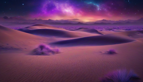 Swirling clouds of purple and blue dance across the night sky, as vibrant stars twinkle like diamonds scattered on velvet, illuminating the majestic dunes of a desert landscape in a mesmerizing display of celestial wonder and earthly beauty.