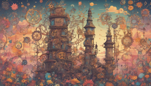 Imagine a whimsical flat design illustration of a towering clockwork structure, intricately adorned with gears, cogs, and vibrant colors. This fantastical tower rises majestically against a twilight sky, where stars twinkle and clouds drift lazily by. The scene is filled with playful mechanical creatures and delicate flowers, bringing a sense of magic and wonder to this enchanting world.