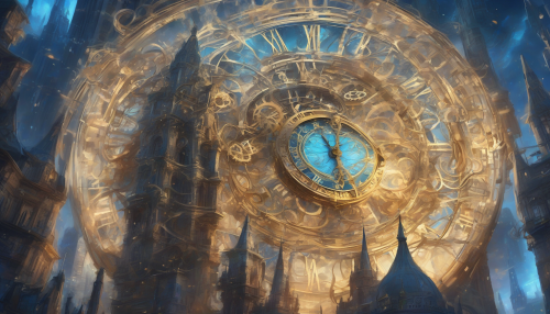 A mystical clock tower stands amid a swirling vortex, its gears and pendulums glowing with an ethereal blue light as ancient buildings and futuristic skyscrapers blend together in a mesmerizing dance through the ages.