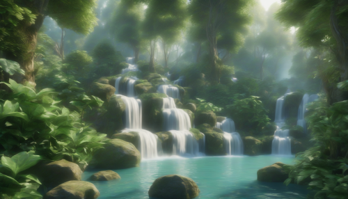 Serene 3D waterfalls flow amidst lush foliage, with gentle mist and soft lighting, creating an ethereal ambiance that transports viewers to a magical realm of wonder and tranquility, inviting exploration and awe.