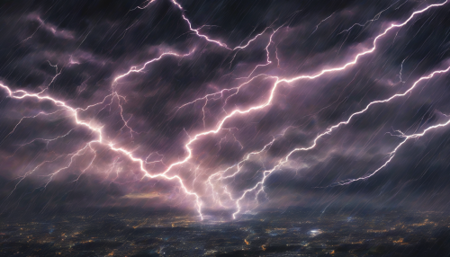 A mesmerizing fusion of disparate images, set against a backdrop of turbulent electric storm fields, where vibrant lightning bolts illuminate the dark sky, and dynamic fragments blend in a swirling dance of light and sound.