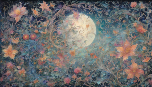 Intricate, swirling patterns dance across a mystical, moonlit garden, filled with twisted metallic vines and vibrant, blooming flowers, as delicate, ethereal creatures flit about, surrounded by shimmering, iridescent lights and soft, swirling mist.