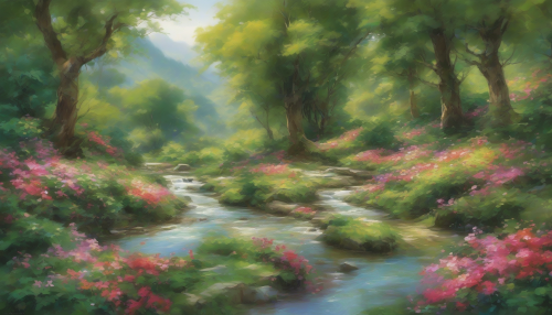 A serene landscape unfolds, with vibrant petals swaying gently in the breeze, as a tranquil stream meanders through the valley, surrounded by lush greenery and majestic trees, evoking a sense of enchantment and wonder.