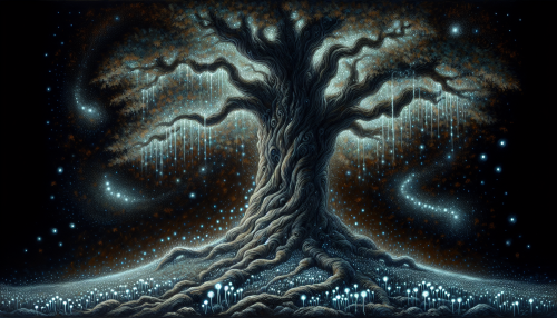 Imagine a colossal, ancient tree, its gnarled branches sprawling towards the stars, illuminated by swirling ribbons of vibrant light. The painting captures the ethereal glow of bioluminescent flora entwined among its roots, while the air shimmers with motes of luminescence. Each brushstroke reflects the wisdom of ages past, inviting viewers to explore the depths of nature and knowledge intertwined in a cosmic dance.